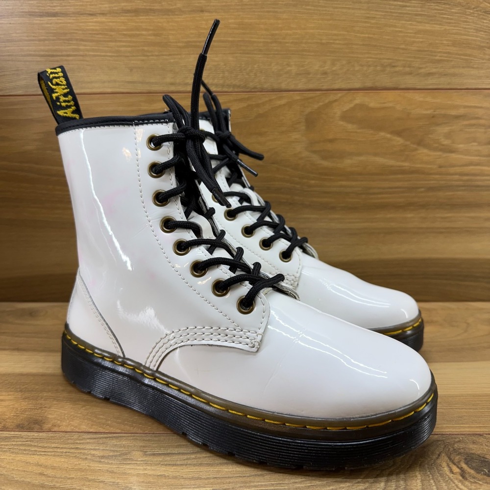 Dr Martens Zavala Combat Boots 6 White Patent Leather Lace Up Y2K Punk Grunge